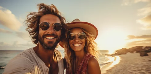 Foto op Plexiglas Glückliches Paar teilt fröhliche Urlaubsfreude, Selfie am traumhaften Strand - Lebensfreude, Spaß und Abenteuer zusammen erleben © Infini Craft