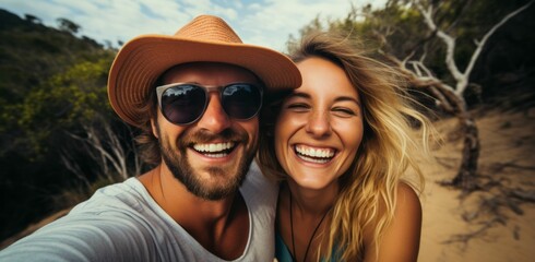Glückliches Paar teilt fröhliche Urlaubsfreude, Selfie am traumhaften Strand - Lebensfreude, Spaß und Abenteuer zusammen erleben - obrazy, fototapety, plakaty