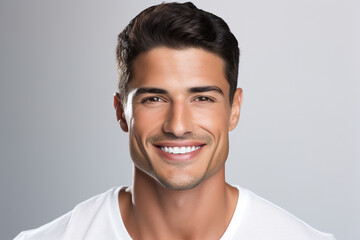 Head Shot of Perfect Smile of an Young Man. Pearly White Teeth. Good Oral Hygiene. Dental Clinic concept - obrazy, fototapety, plakaty