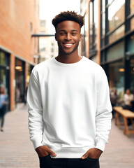Friendly African Male Model in White Cotton Sweaters on Outdoor Setting. Sweatshirt Mockup.