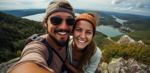 Glückliches Paar im Bergurlaub: Gemeinsames Selfie strahlt Lebensfreude und Abenteuerlust aus - obrazy, fototapety, plakaty