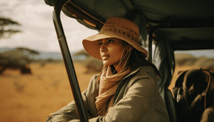 Naklejka premium In the Heart of the Savanna, Woman Exploring with Grace