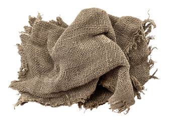 A crumpled piece of burlap with folds on a white background. Burlap insulate. Hessian
