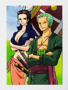 Hamburg, Germany - 02052023: photo of the English one piece panini trading paper card number 4 with Zorro and Robin on the front from the epic journey set.