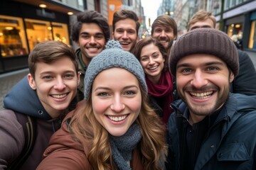 Fröhliche Teenager-Gruppe macht Herbst-Winter Selfies in der Stadt - Teamgeist, Lebensfreude und Glück mit Freunden - obrazy, fototapety, plakaty