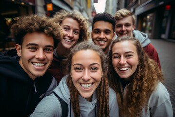Fröhliche Teenager-Gruppe macht Herbst-Winter Selfies in der Stadt - Teamgeist, Lebensfreude und Glück mit Freunden - obrazy, fototapety, plakaty