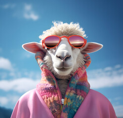 Naklejka premium Portrait of sheep in dressed in top quality pastel soft and wool sweaters, on a blue sky background 