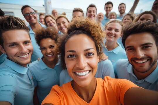 Teamgeist und Lebensfreude: Junge Frau mit fr&ouml;hlichem Team, lachend, Spa&szlig; und Gl&uuml;ck, beim gemeinsamen Selfie - Erfolg f&uuml;rs Leben