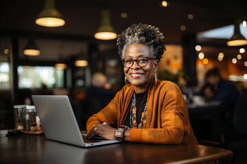 Mature middle aged African American woman using laptop working on computer in cafe. Businesswoman distance applicant, aged seeker searching job online, blogger writer. Old people and technology - Powered by Adobe