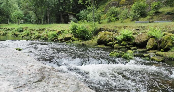 Natur-Kurpark Wildbad im Nordschwarzwald. Am Ufer der schnell flie&szlig;enden Enz, Nebenfluss des Neckars umgeben von Spazierwegen und hohen gr&uuml;nen B&auml;umen
