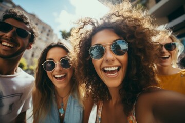 Lebensfreude im Sommer: Junge Frau und Freunde lachen, machen Selfie, teilen Glück und Spaß - obrazy, fototapety, plakaty