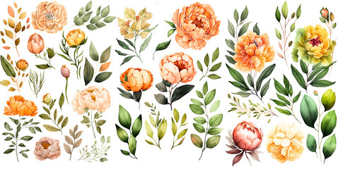 Set of peonies watercolor collection of hand drawn, peonies orange color, peonies elegant watercolor illustration , peonies isolated transparent background, PNG