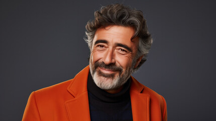 Photo of handsome man in casual wear. Studio portrait with dark wall on background