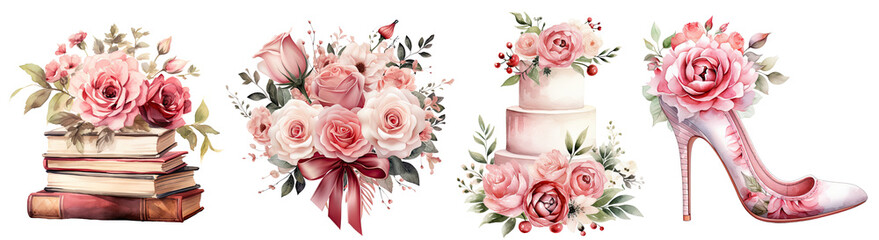 Set of Watercolor wedding decorations chic vintage Pink rose flowers  illustration, Pink rose elegant flowers romantic , Watercolor blush floral clipart ,transparent background, PNG - obrazy, fototapety, plakaty