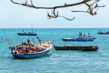 Fototapeta premium traditional dhow fishing boats moored at high tide