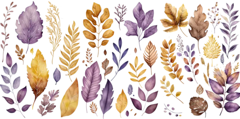 Fotobehang Set of winter leaves watercolor Decor of hand drawn, winter leaves yellow orange purple brown color, winter leaves elegant watercolor , winter leaves isolated transparent background, PNG. © HappyTime 17