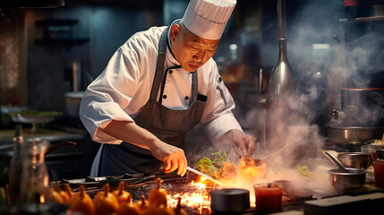 Professional Asian elderly cook in uniform adds some spices to dish, prepares delicious meal for guests in cuisine kitchen in hotel restaurant. The male chef adds salt to a steaming hot frying pan