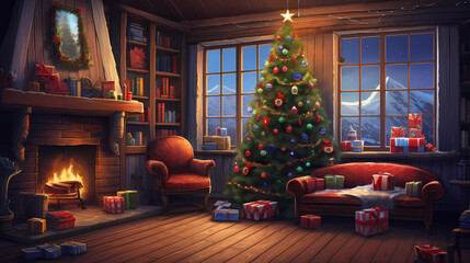Cosy Christmas Room Card. Home Interior Background. Warm atmosphere illustration for holiday projects.