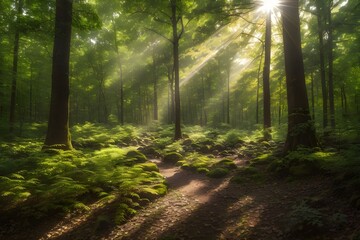 Obraz premium Enchanted Forest Sunlight Serenity - Generative AI Edition
