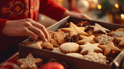 Naklejka na ściany i meble Christmas Festive Delights Close up of hands arranging cookies, food, dough, cooking, bread, cake, kitchen, baking, flour, christmas, making, cookie, bakery, pastry, sweet, hand, dessert, cookies
