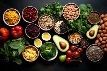 Bird's eye view of plant-based food assortment with abundant fiber, comprising fruits, veggies, seeds, and nutrient-dense ingredients, ideal for cooking. Space for adding text. Generative AI