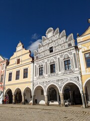 Fototapeta premium Telc town in the southern Czech Republic.Known for its Italian Renaissance architecture chateau, formerly a Gothic castle,old town square and columns view-UNESCO