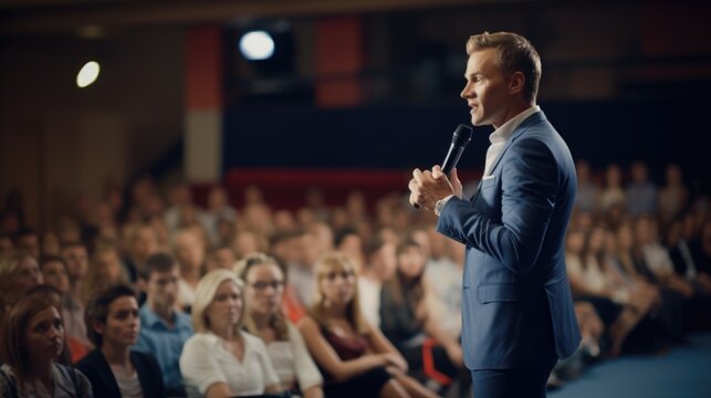 A speaker with microphone in front of audiences. Comedy music and theater live performance, Generative AI