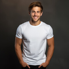 Male Model in white cotton t shirt, studio background