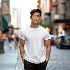 Fototapeta premium Male Model wearing white cotton shirt city street background
