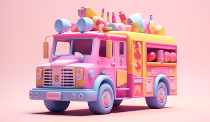 Toy firetruck in soft colors, plasticized material, educational for children to play. AI generated - obrazy, fototapety, plakaty