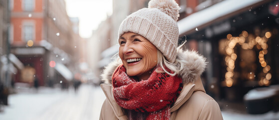 cute grandmother laughing in the steeets at christmas time - obrazy, fototapety, plakaty
