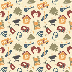 Seamless background of flat camping and outdoor recreation symbols