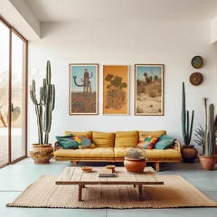 Foto op Plexiglas living room interior with sofa and paintings in yellow and cyan colors having ethnic style. © Anastasia