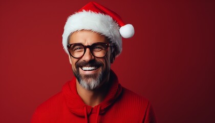 Photo of a man wearing a Santa hat and laughing created with Generative AI technology