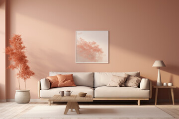 Cozy sofa with pillows and blanket in a modern home. Autumn decor from dry leaves.