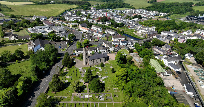 Aerial photo of St John the Baptist Church of Ireland on the North Coast Co Antrim Northern Ireland