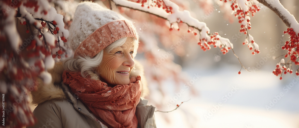 Poster portrait of a cute grandmother in winter