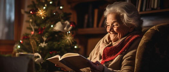 grandmother reading a book in her christmas decorated living room