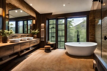 "Incorporate sustainable materials into a rustic bathroom design for an environmentally conscious space.