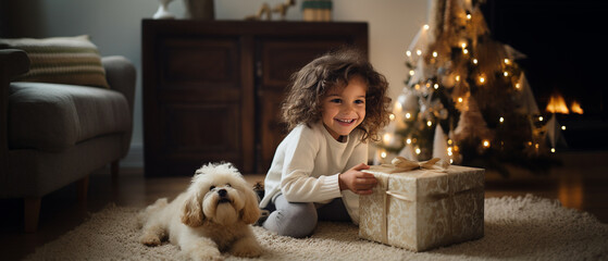 french daughter with her pet puppy and a present at christmas time