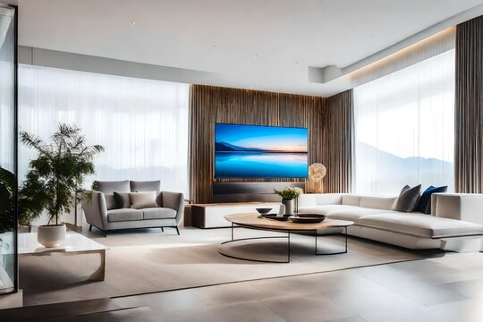 seamless integration of technology and aesthetics in a minimalist living space, where a white sofa harmoniously coexists with a state-of-the-art TV unit in a luxurious hotel interior.