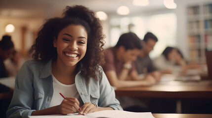 Happy black female student studying in classroom group, writing essay or preparing for test, groupmates sitting nearby - obrazy, fototapety, plakaty