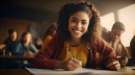 Happy black female student studying in classroom group, writing essay or preparing for test, groupmates sitting nearby - obrazy, fototapety, plakaty