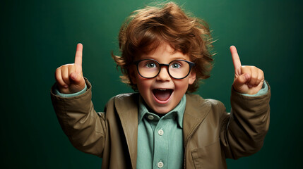 American elementary school student, surprised and opened his mouth, a student with massive glasses in a suit, on a green monochrome background. Generative AI.