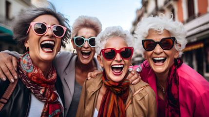 group of old women having fun and travel together in outdoors, friendship forever, happy retire lifestyle, Generative AI - obrazy, fototapety, plakaty