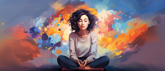 illustration of a woman in front of a watercolor abstract background representing mental health
