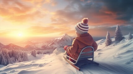 A child sits on skis and looks at the snowy mountains of winter. Winter family vacation. Christmas and winter holidays. Winter fun and outdoor activities with kids - obrazy, fototapety, plakaty