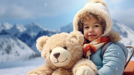 A child sits on skis with a teddy bear and looks at the snowy mountains of winter. Winter family vacation. Christmas and winter holidays. Winter fun and outdoor activities with kids