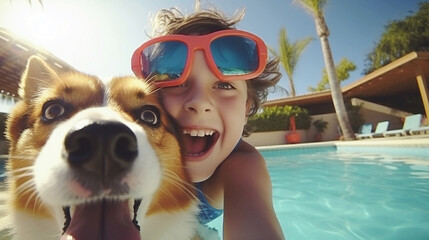 Creative photo, baby and corgi in the pool, happy dog overshadowed the guy. Generative AI.