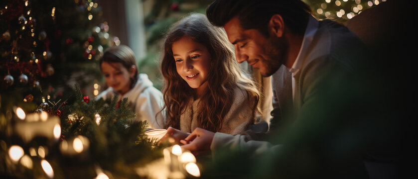 Portrait Of Father And Daugfhters Decorating Their Christmas Tree